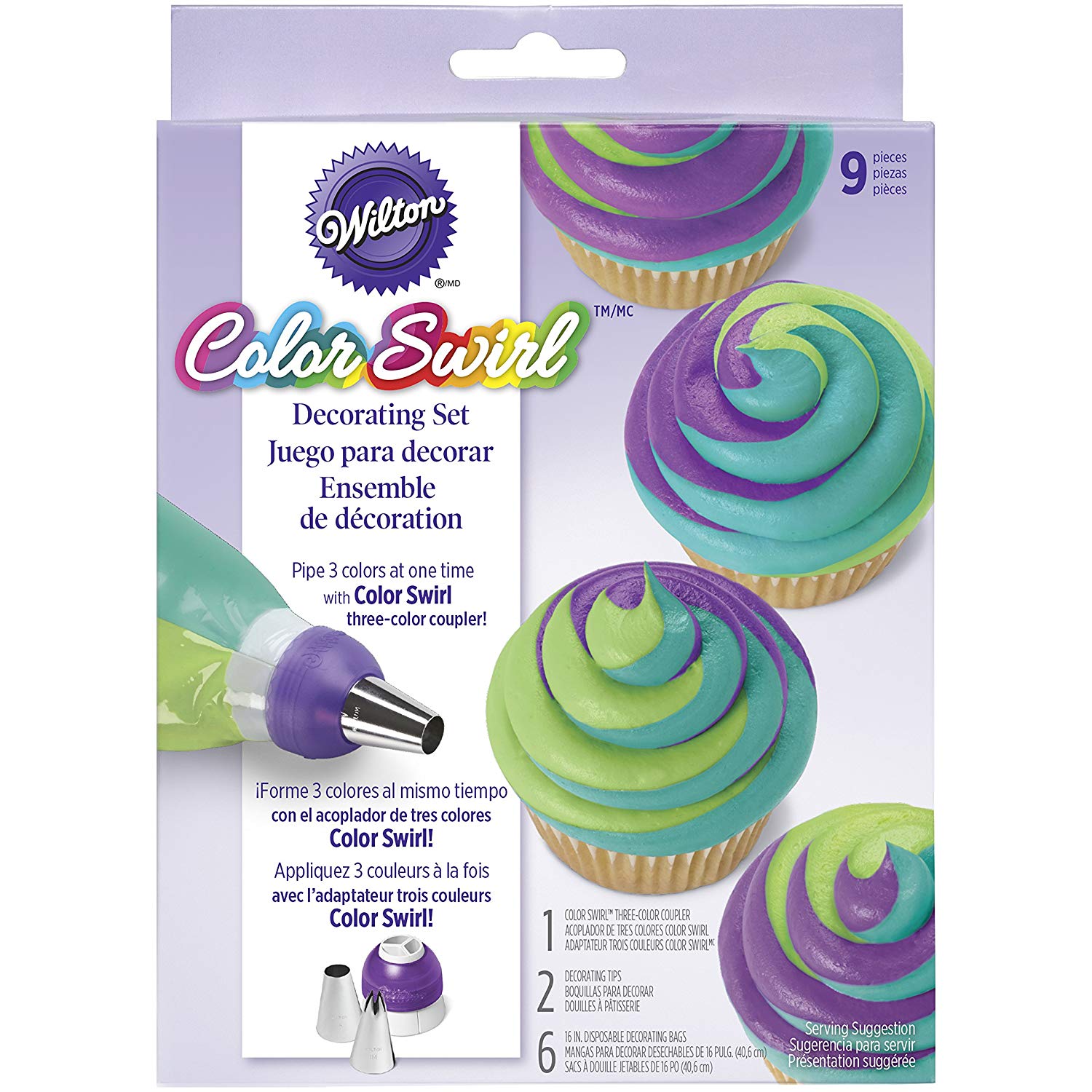 Color Swirl, 3-Color Piping Bag Coupler, 9-Piece Cake Decorating Kit