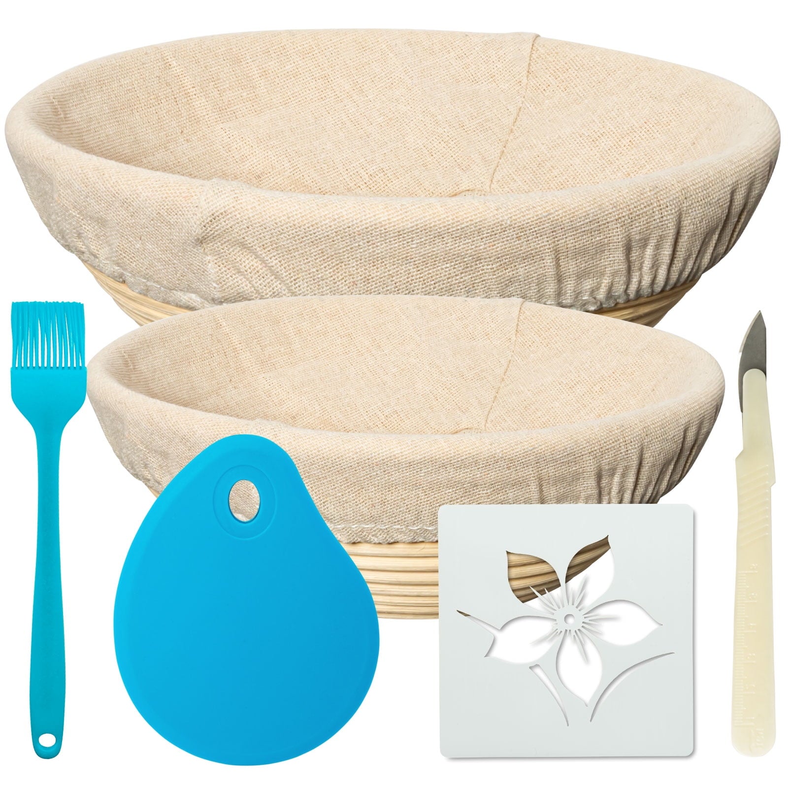 Bread Banneton Proofing Basket Set | Bread Proofing Basket Set With A 9” & 10” Round Baking Bowl Kit For Sourdough | Includes A Dough Scraper, Bread Lame, Brotform Cloth Liner & Basting Brush (Blue)