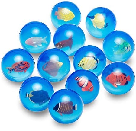 12 Clear Bouncy Balls with Fish - Mini Rubber Bouncing Ball Toys with Marine Animals Inside - Great Gift for Kids Party Favors, Prizes and Rewards – Small - by Gee Gadgets