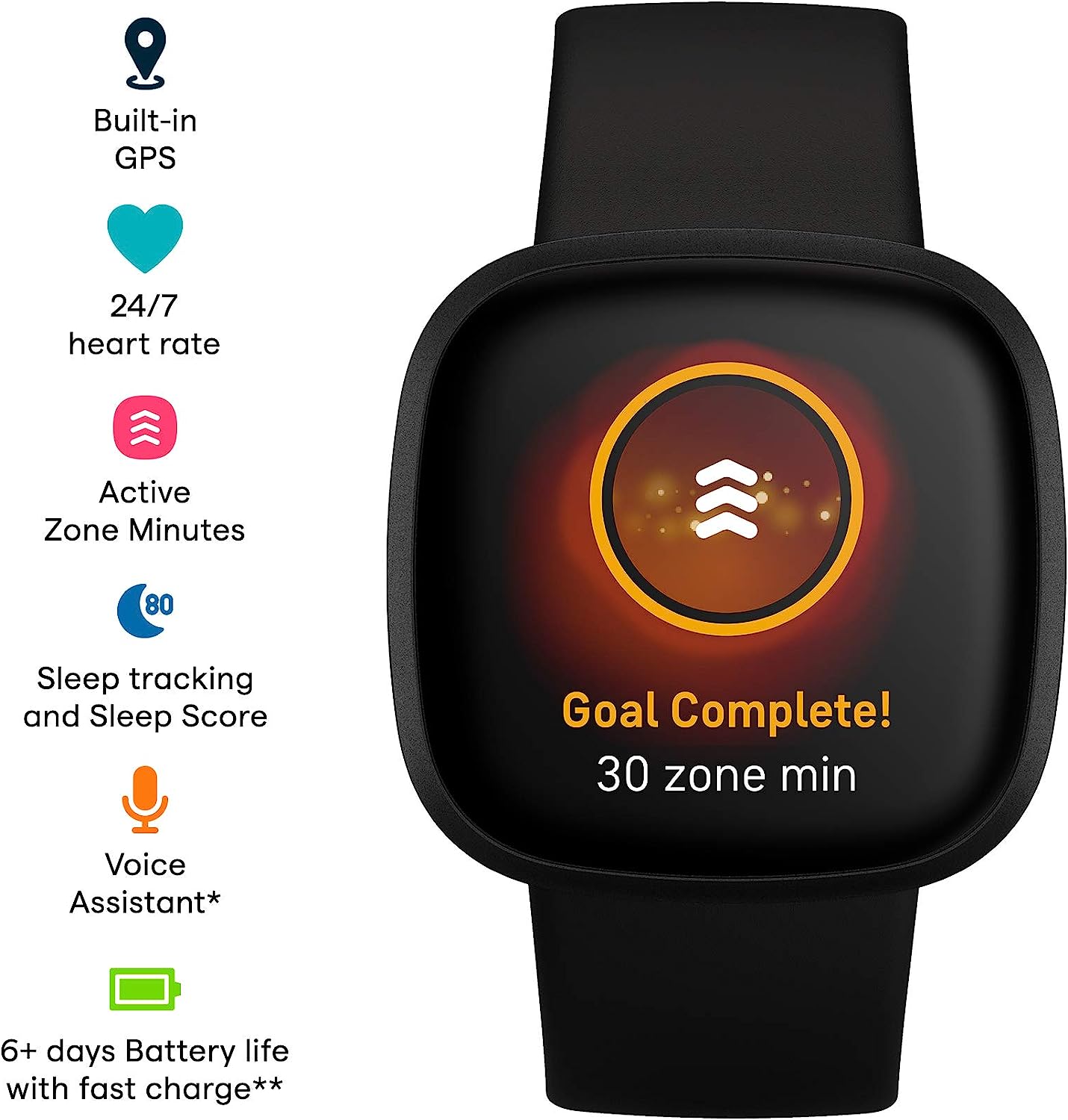 Fitbit Versa 3 Health & Fitness Smartwatch with GPS, 24/7 Heart Rate, Alexa Built-in, 6+ Days Battery, Black/Black, One Size (S & L Bands Included)