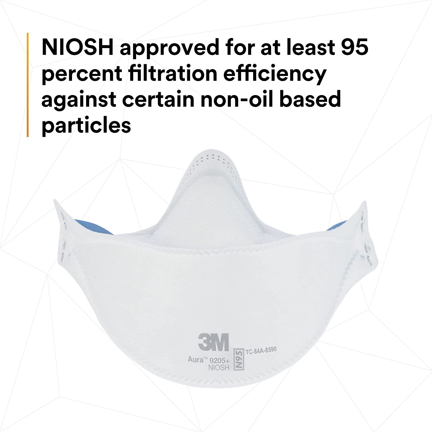 3M Aura Particulate Respirator 9205+, N95, Individually Wrapped, 3 Panel Flat Fold Design Allows for Facial Movements Pack of 20 Respirator