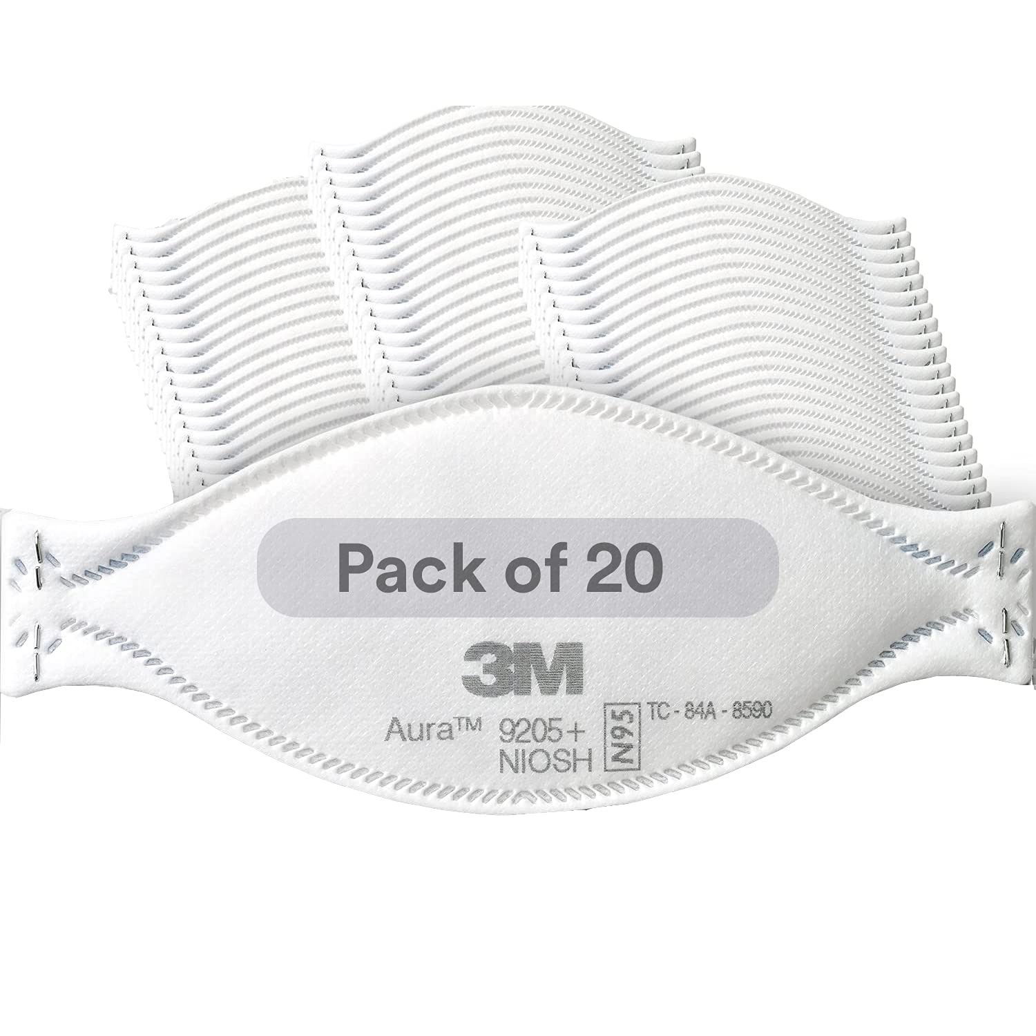 3M Aura Particulate Respirator 9205+, N95, Individually Wrapped, 3 Panel Flat Fold Design Allows for Facial Movements Pack of 20 Respirator