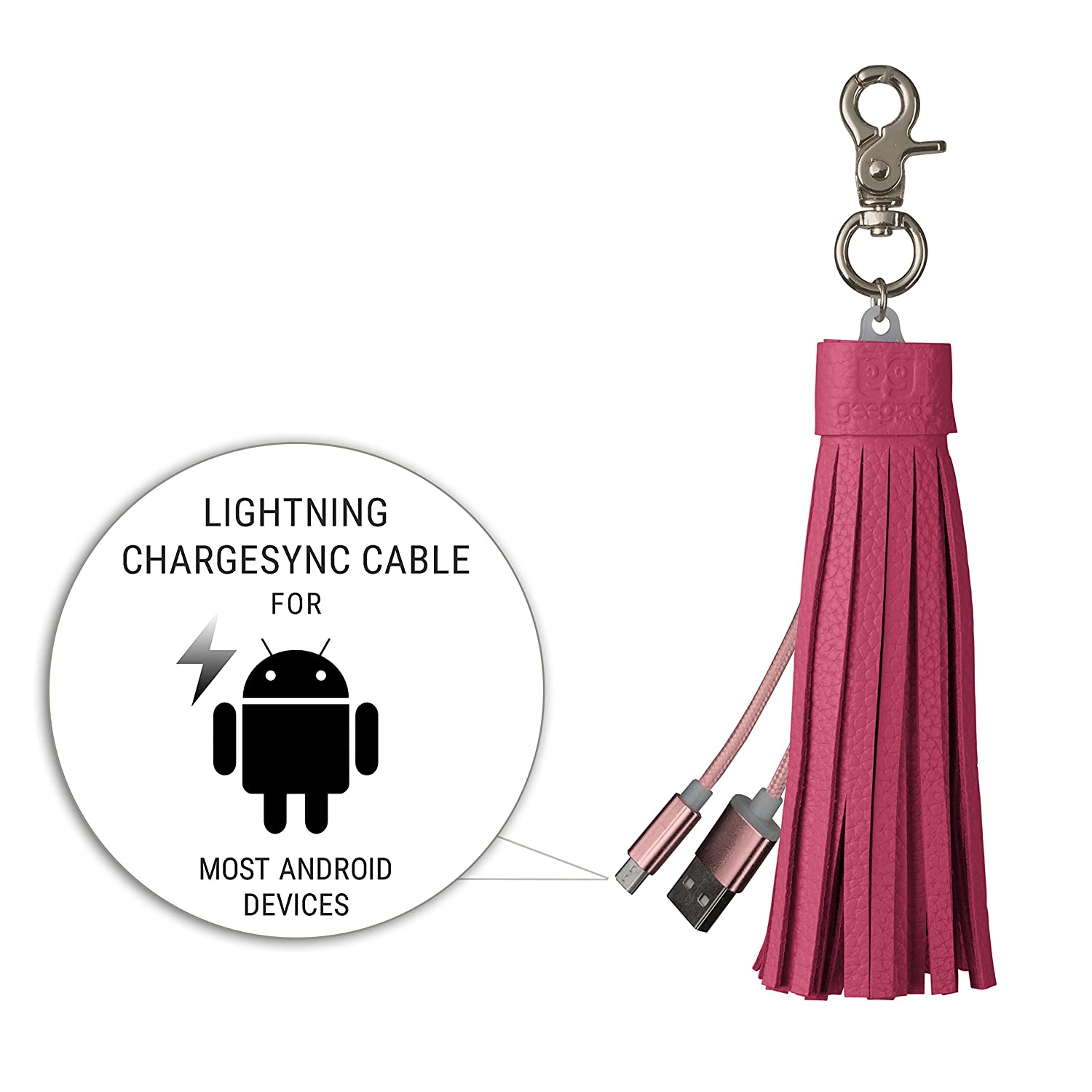 Gee Gadgets Micro USB Cable Keychain - Android Charging Cord with Genuine Leather Tassel and Keyring Pink USB Pink