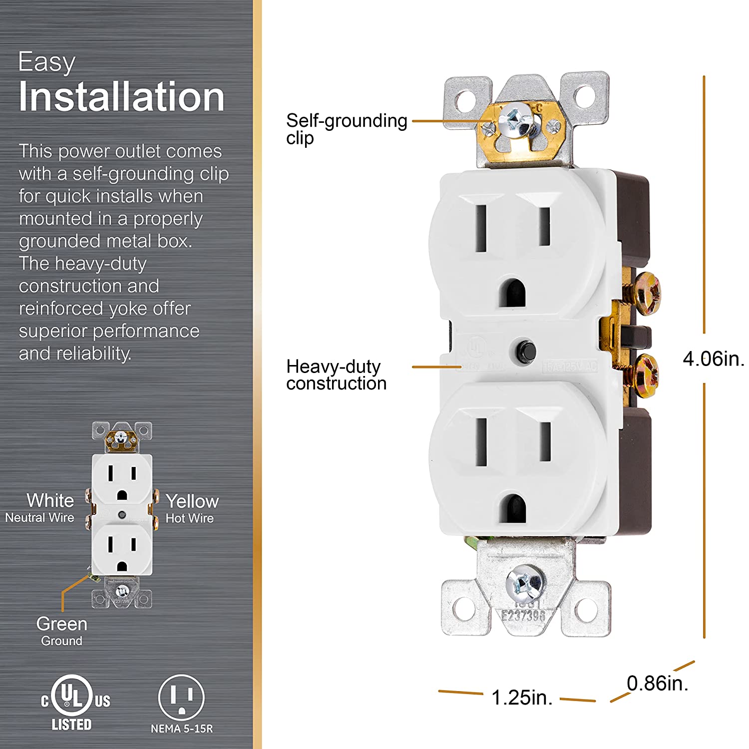 UltraPro GE Duplex Heavy-Duty Receptacle, White, Wall Outlet, Reinforced Yoke, Self-grounding Clip, 3 Prong, Supports 15A, UL Listed, 42157 15 Amp Heavy Duty