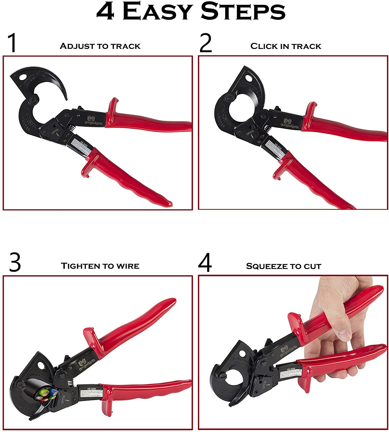 Ratcheting Cable Cutter - Heavy Duty Copper and Aluminum Wire Ratchet Tool - Anti-Slip Rubber Hand Guards - Range: 240mm² - By Gee Gadgets