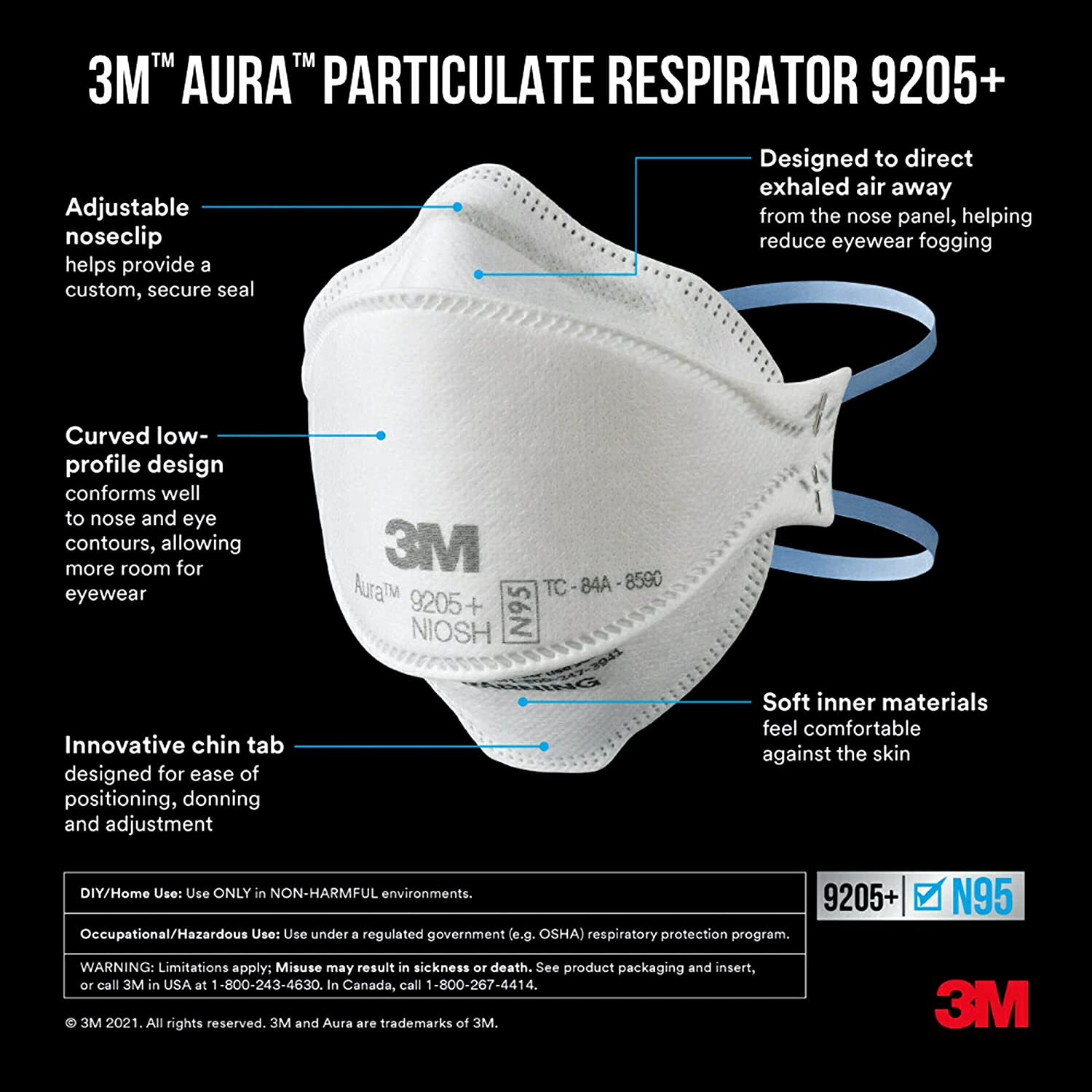 3M Aura Particulate Respirator 9205+ N95, Lightweight, Three Panel Designed Respirator Helps Provide Comfortable And Convenient Respiratory Protection, 20-Pack 3 pack