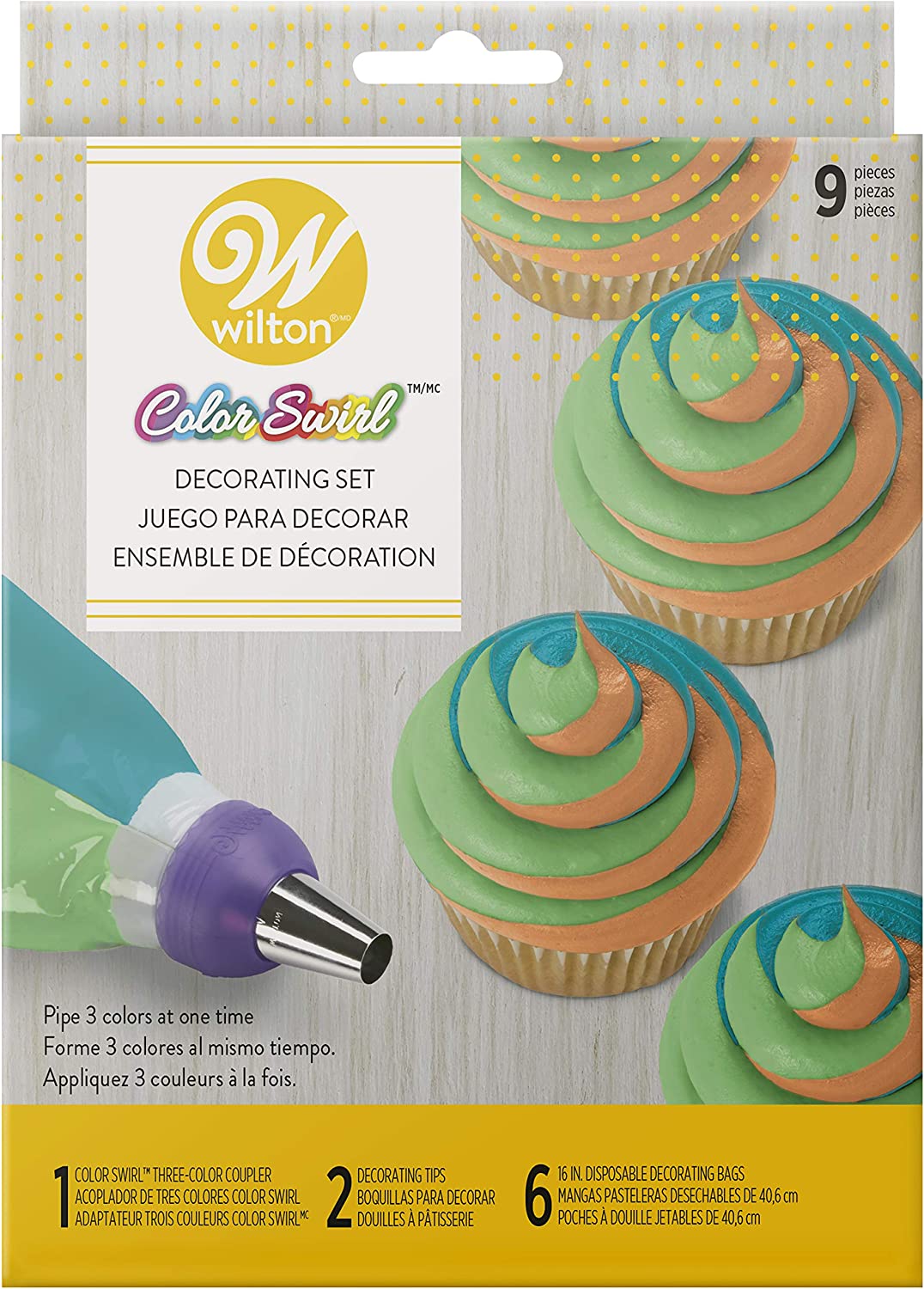 Wilton Color Swirl, 3-Color Piping Bag Coupler, 9-Piece Cake Decorating Kit